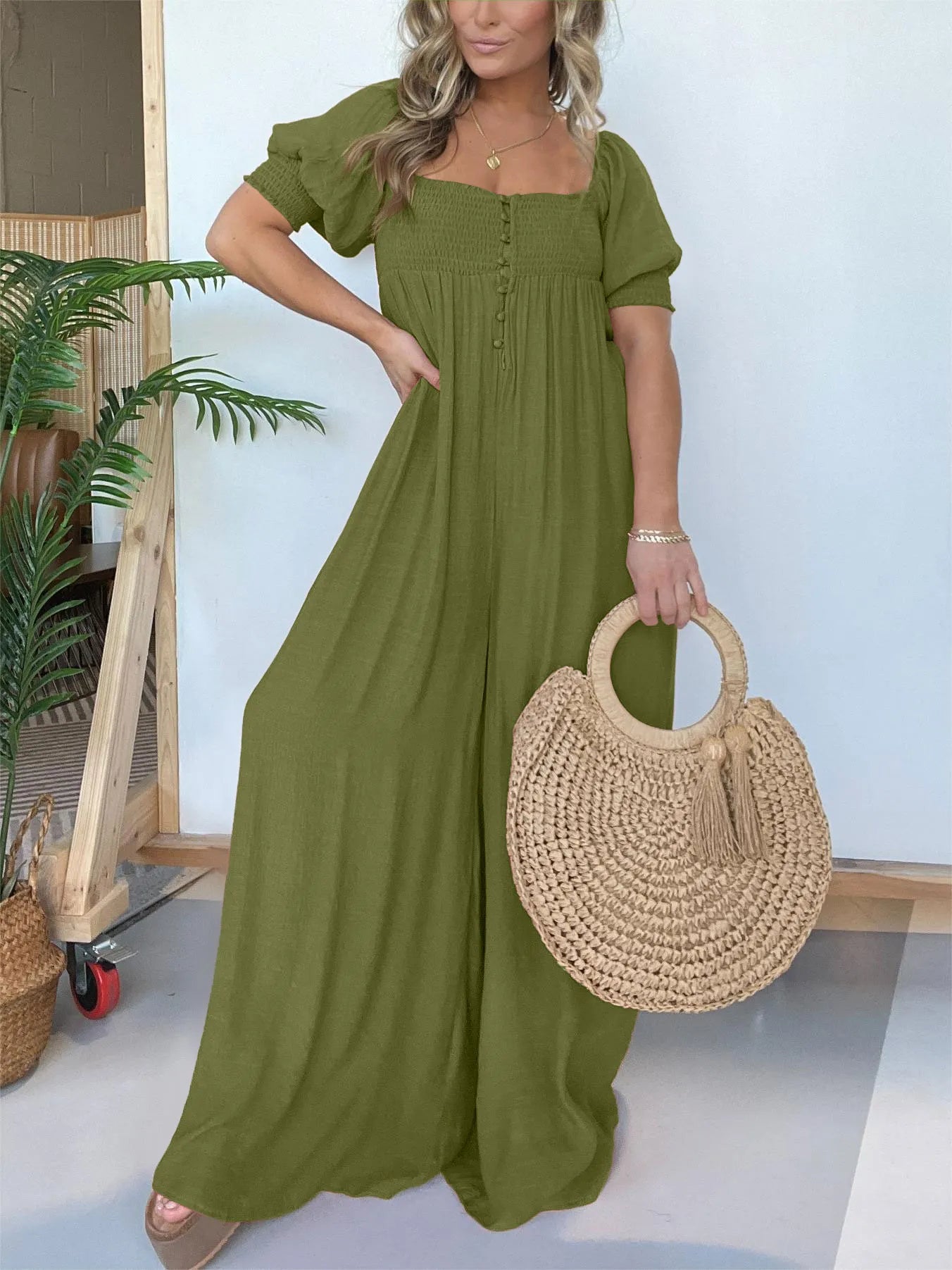 Imsgurus💓Square Neckline Jumpsuit With Smocked Bodice Button