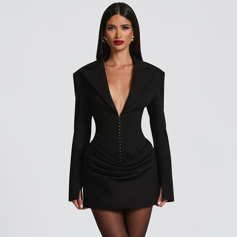 Solid-Color Fashion Deep V-Neck Lapel Waist-Cinching Ruched Blazer Dress