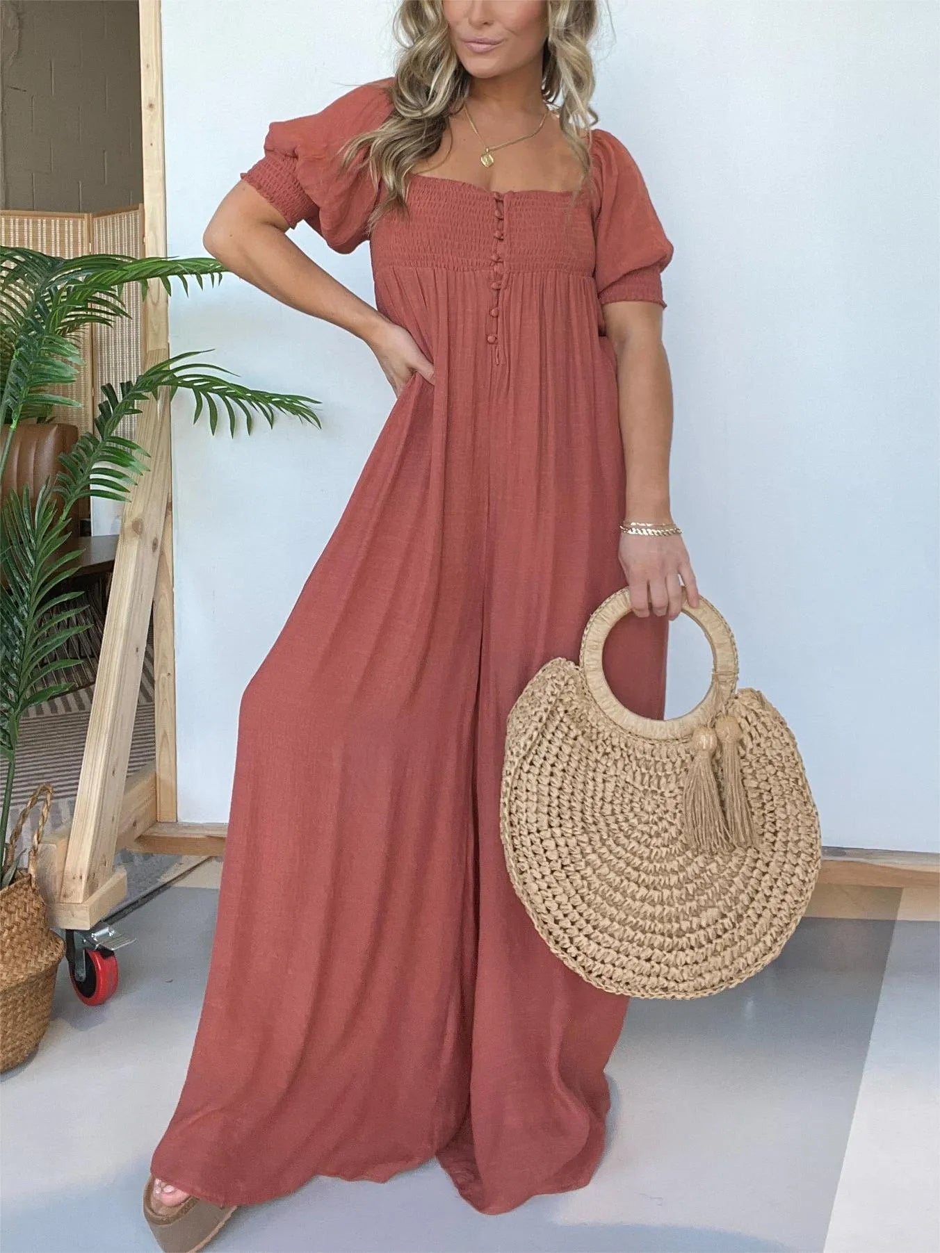 Imsgurus💓Square Neckline Jumpsuit With Smocked Bodice Button