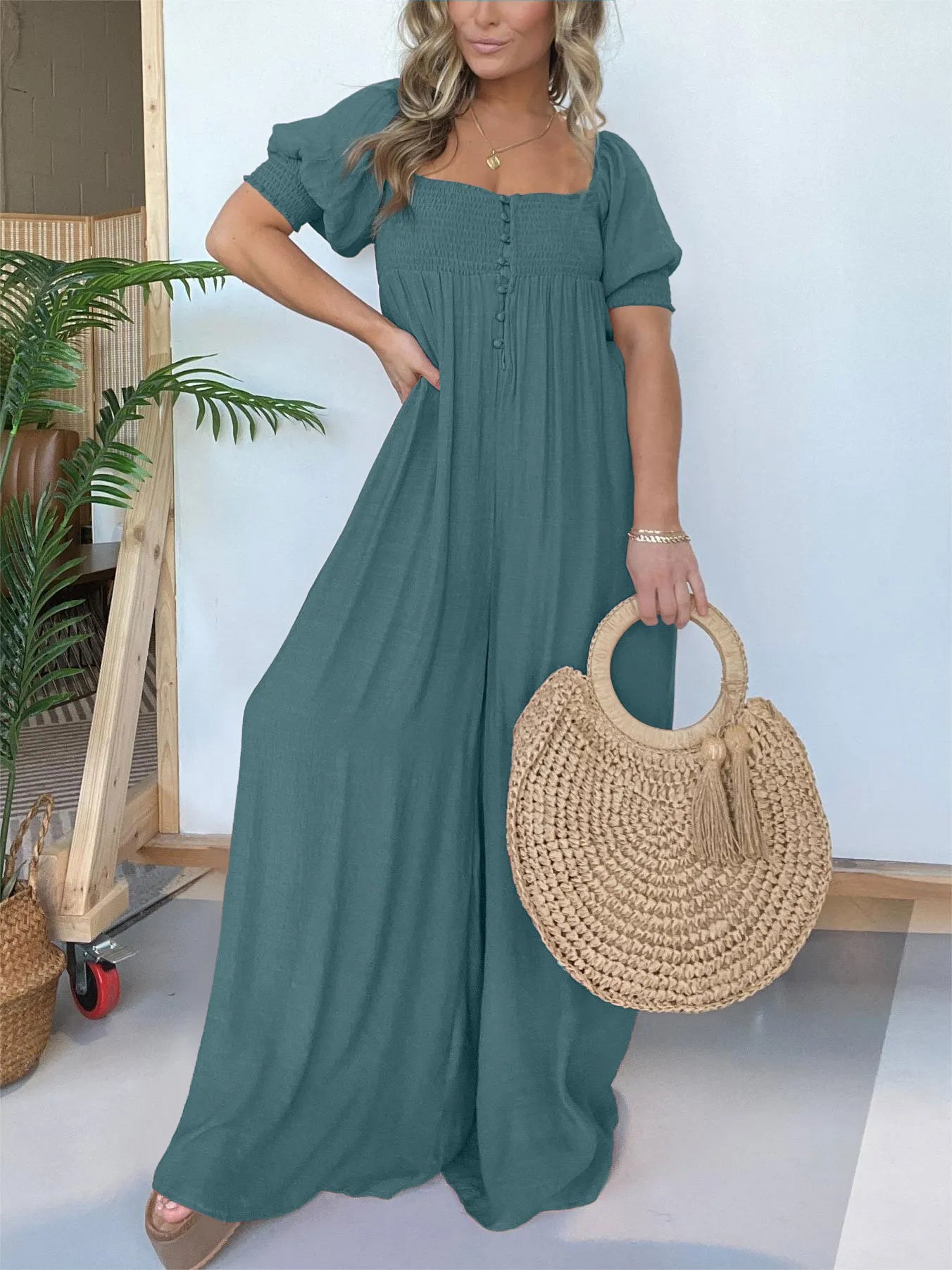 Imsgurus💓Square Neckline Jumpsuit With Smocked Bodice Button