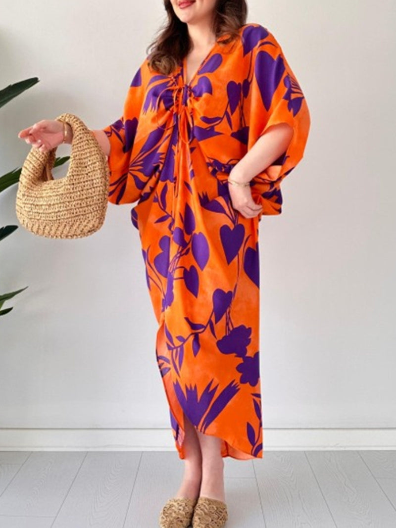 Fashion Printed Bat Sleeve V-Neck Dress