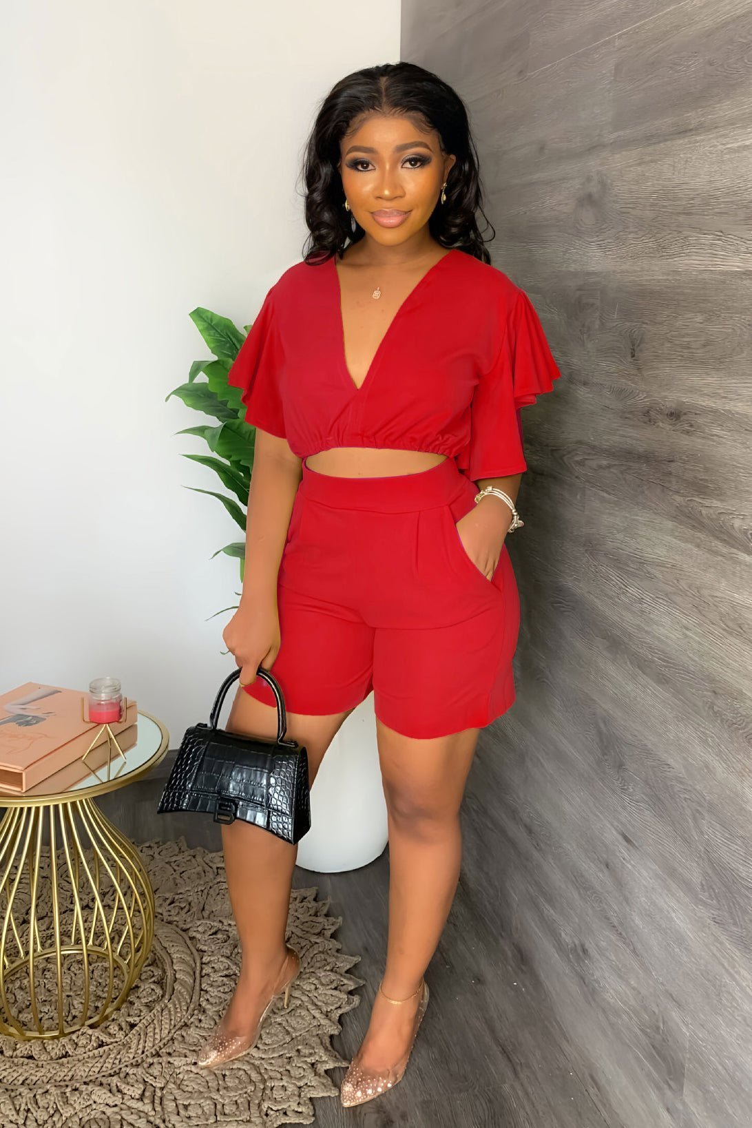 Imsgurus💓V Neck Ruffled Casual Two Piece Shorts Set