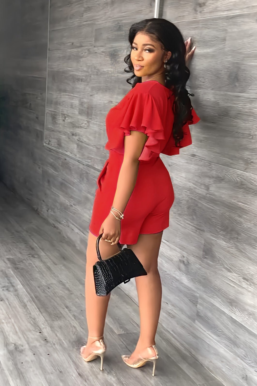 Imsgurus💓V Neck Ruffled Casual Two Piece Shorts Set