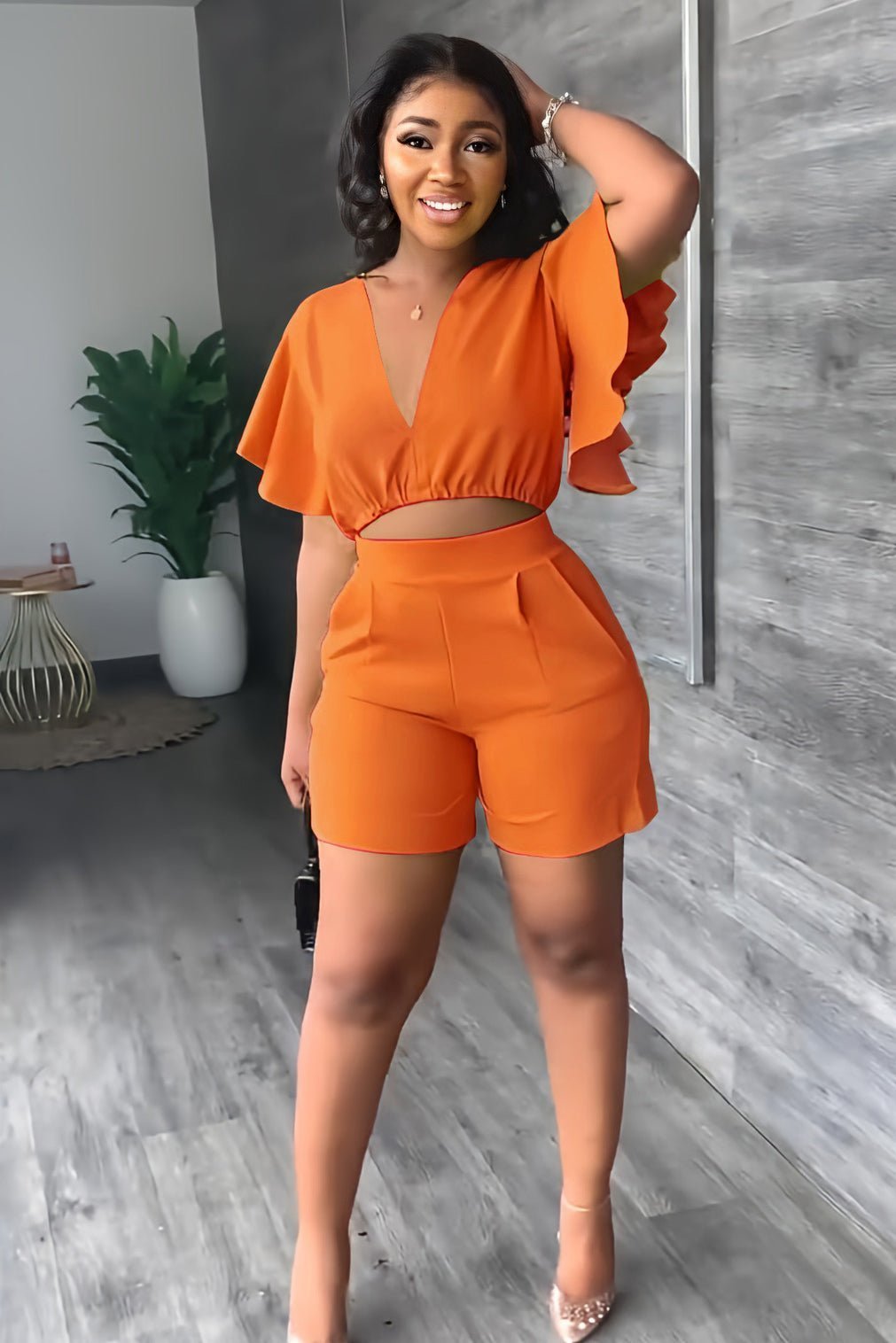 Imsgurus💓V Neck Ruffled Casual Two Piece Shorts Set