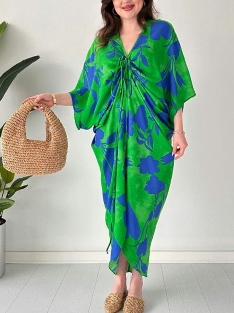 Fashion Printed Bat Sleeve V-Neck Dress