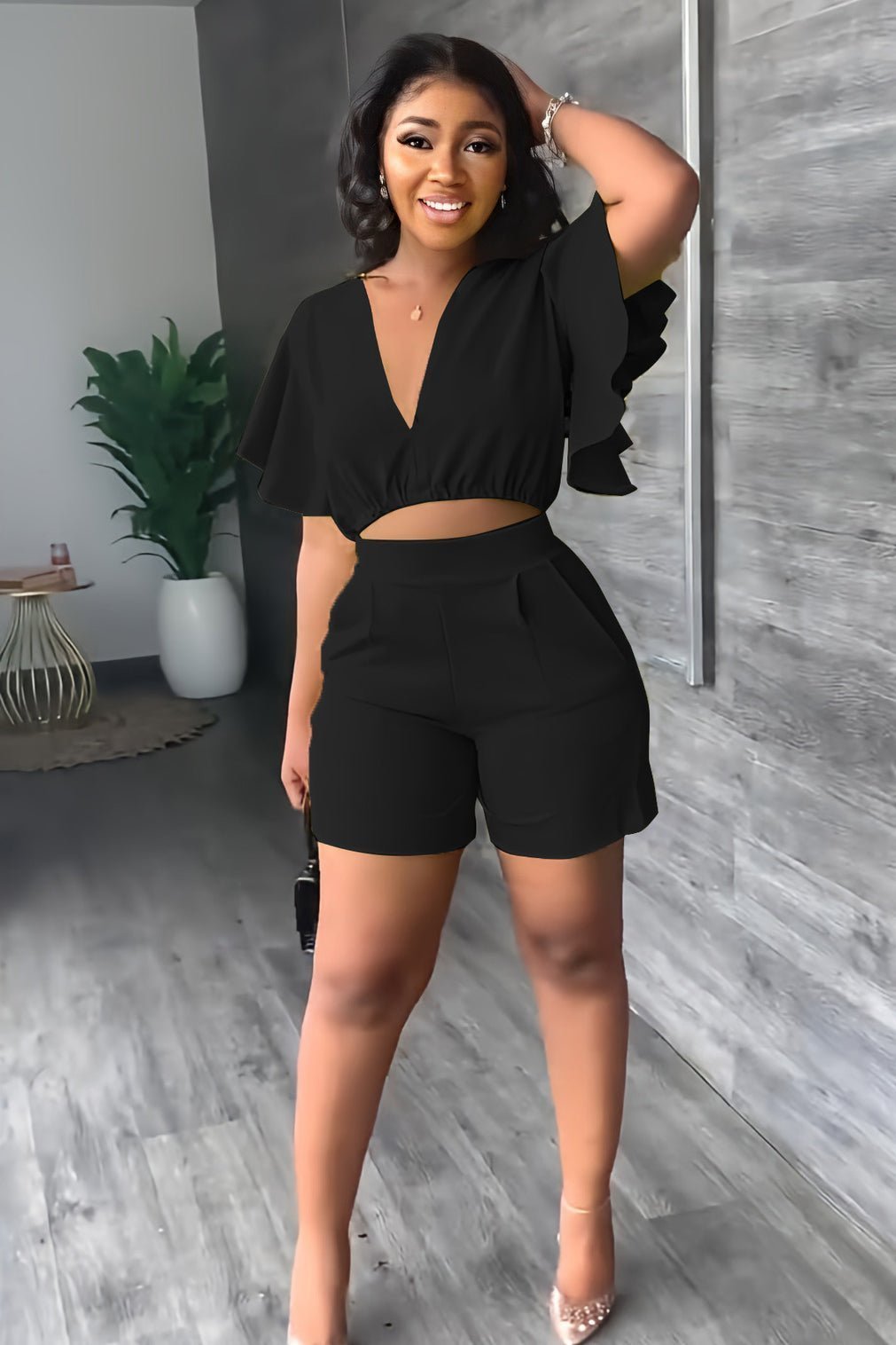 Imsgurus💓V Neck Ruffled Casual Two Piece Shorts Set
