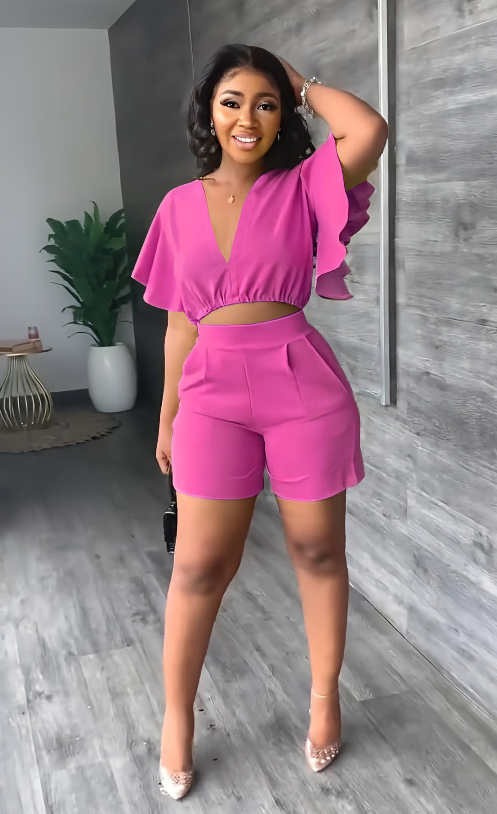 Imsgurus💓V Neck Ruffled Casual Two Piece Shorts Set