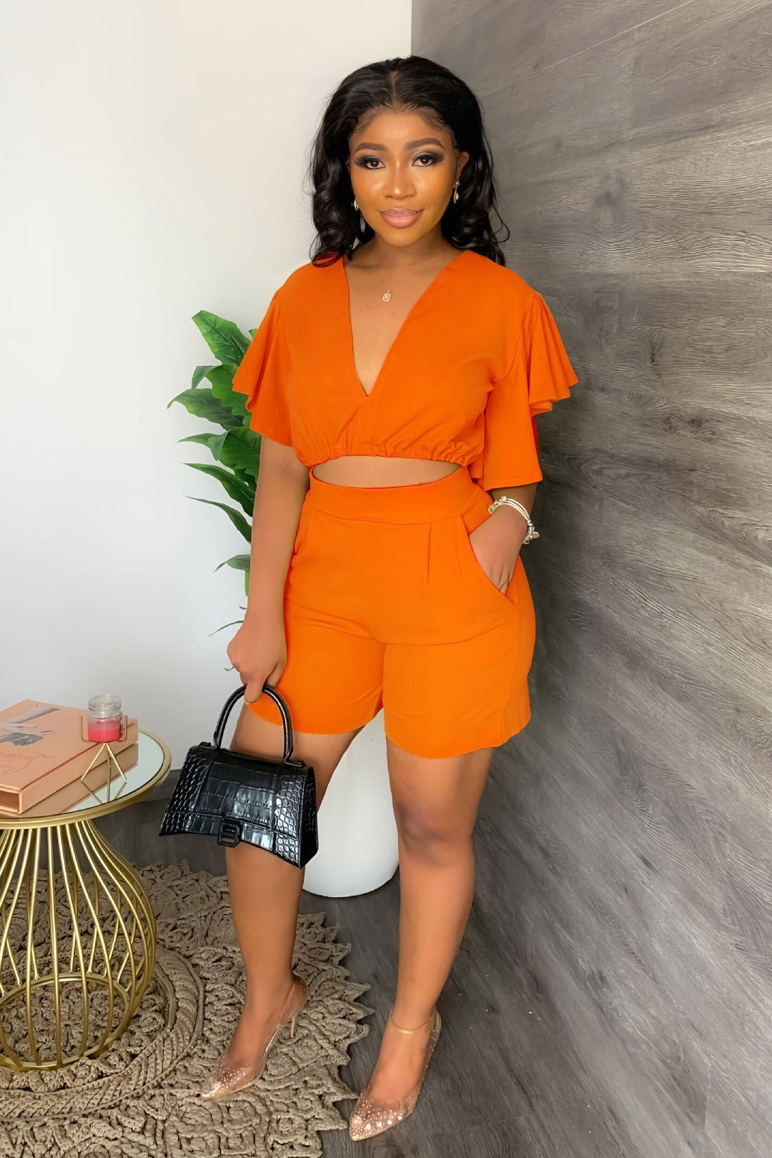 Imsgurus💓V Neck Ruffled Casual Two Piece Shorts Set