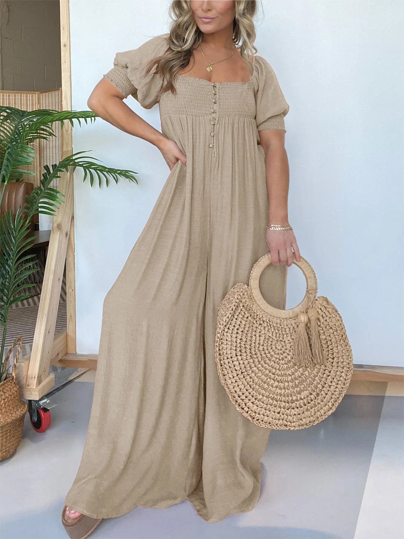 Imsgurus💓Square Neckline Jumpsuit With Smocked Bodice Button