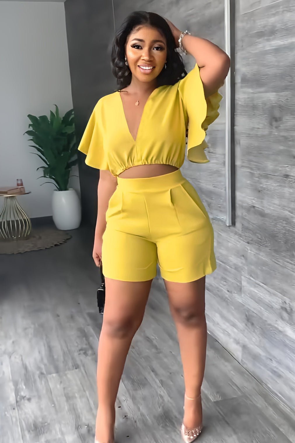 Imsgurus💓V Neck Ruffled Casual Two Piece Shorts Set