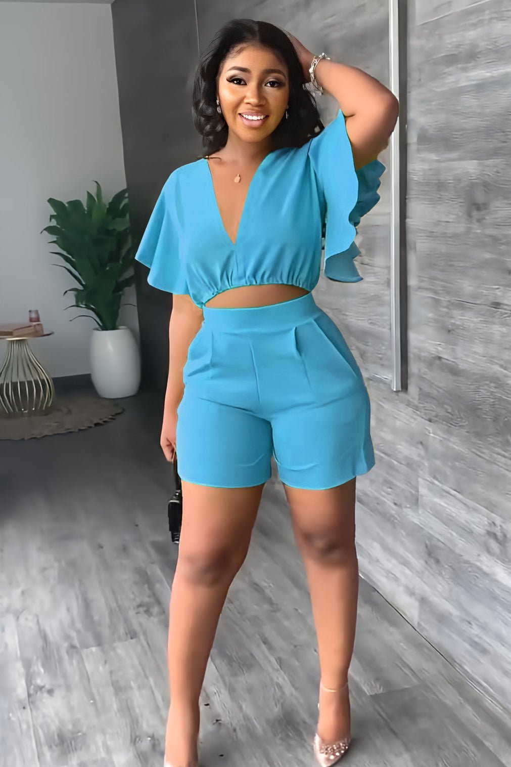 Imsgurus💓V Neck Ruffled Casual Two Piece Shorts Set
