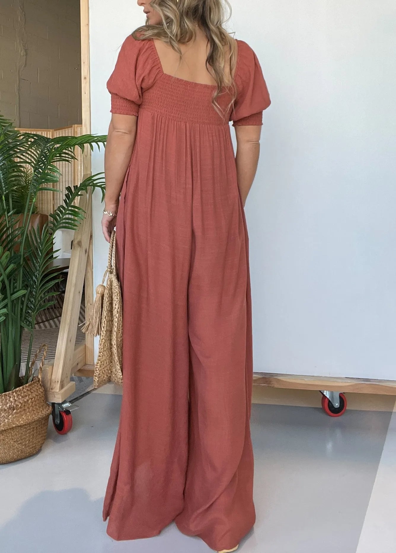 Imsgurus💓Square Neckline Jumpsuit With Smocked Bodice Button
