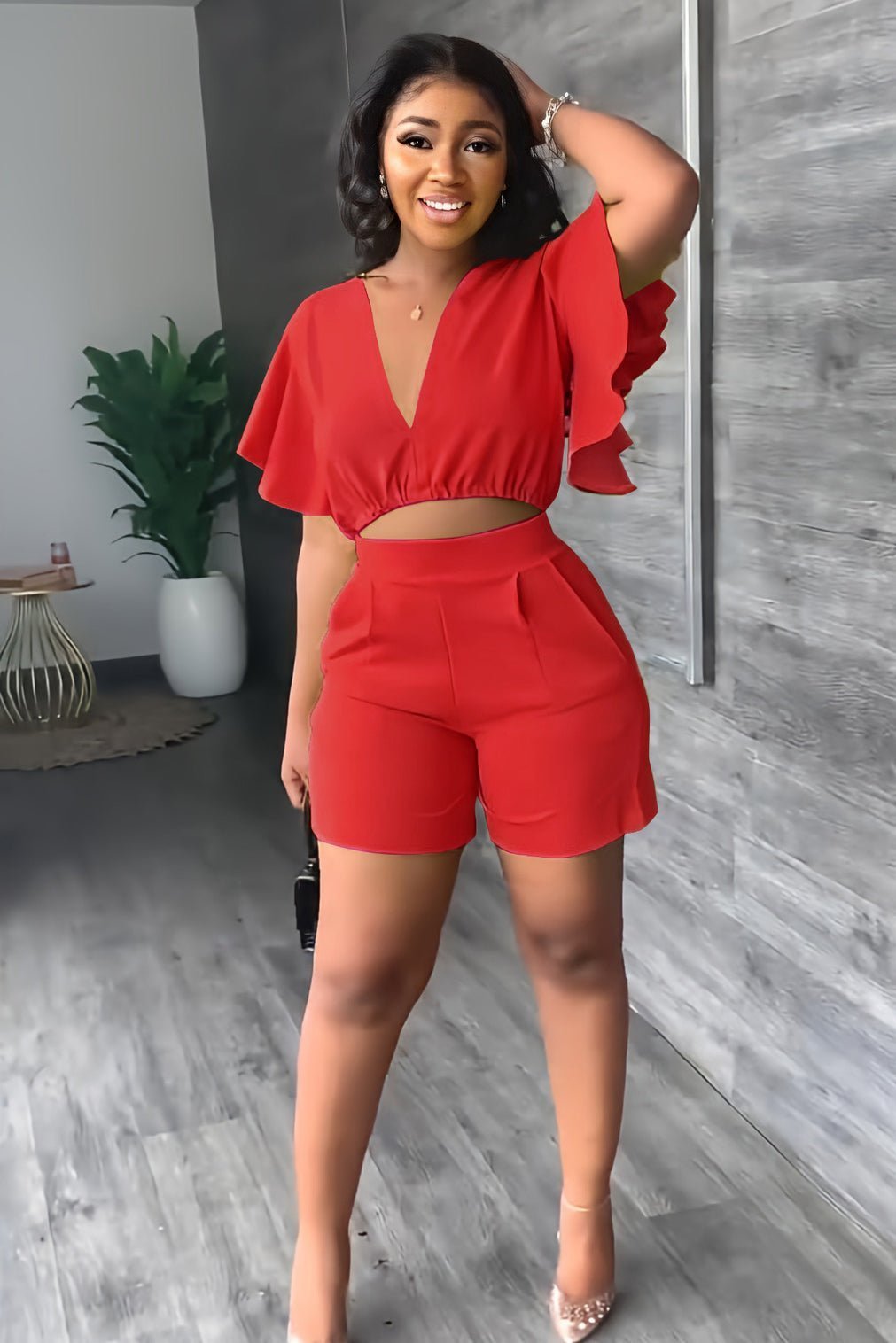 Imsgurus💓V Neck Ruffled Casual Two Piece Shorts Set