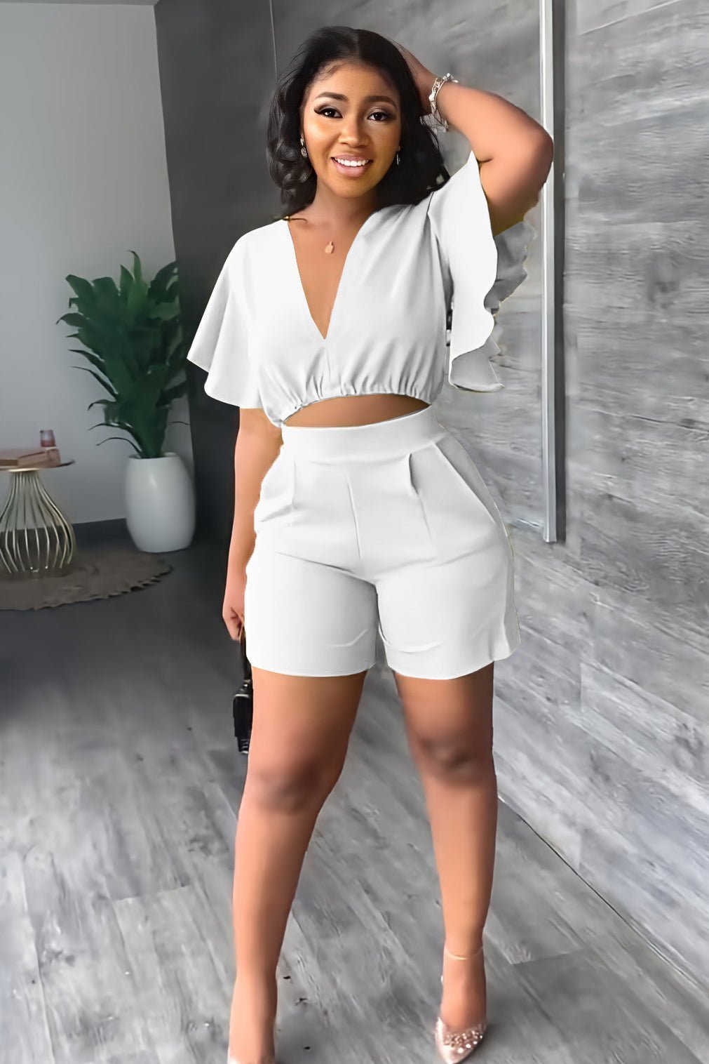 Imsgurus💓V Neck Ruffled Casual Two Piece Shorts Set