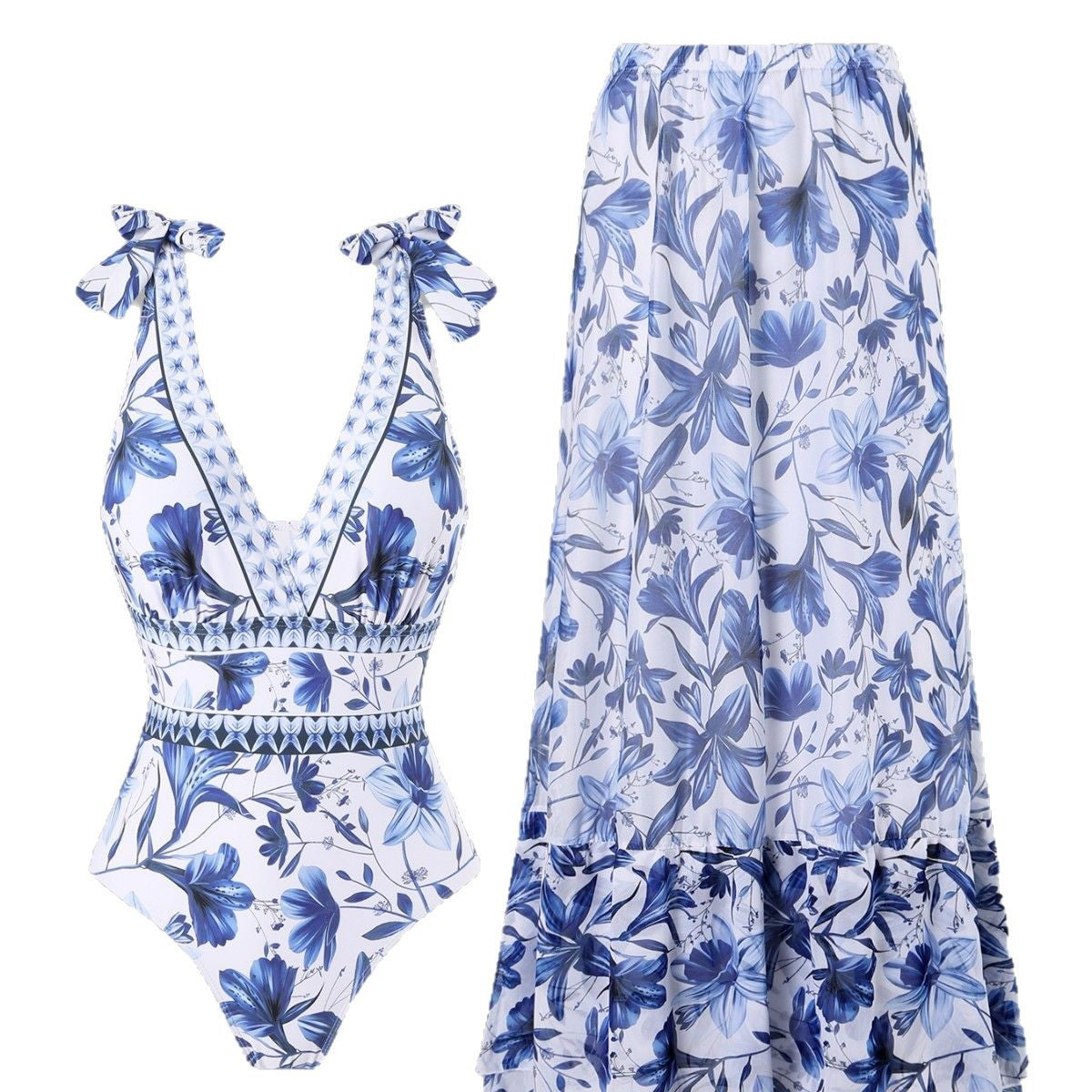 blue and white porcelain swimsuit wrap skirt suits
