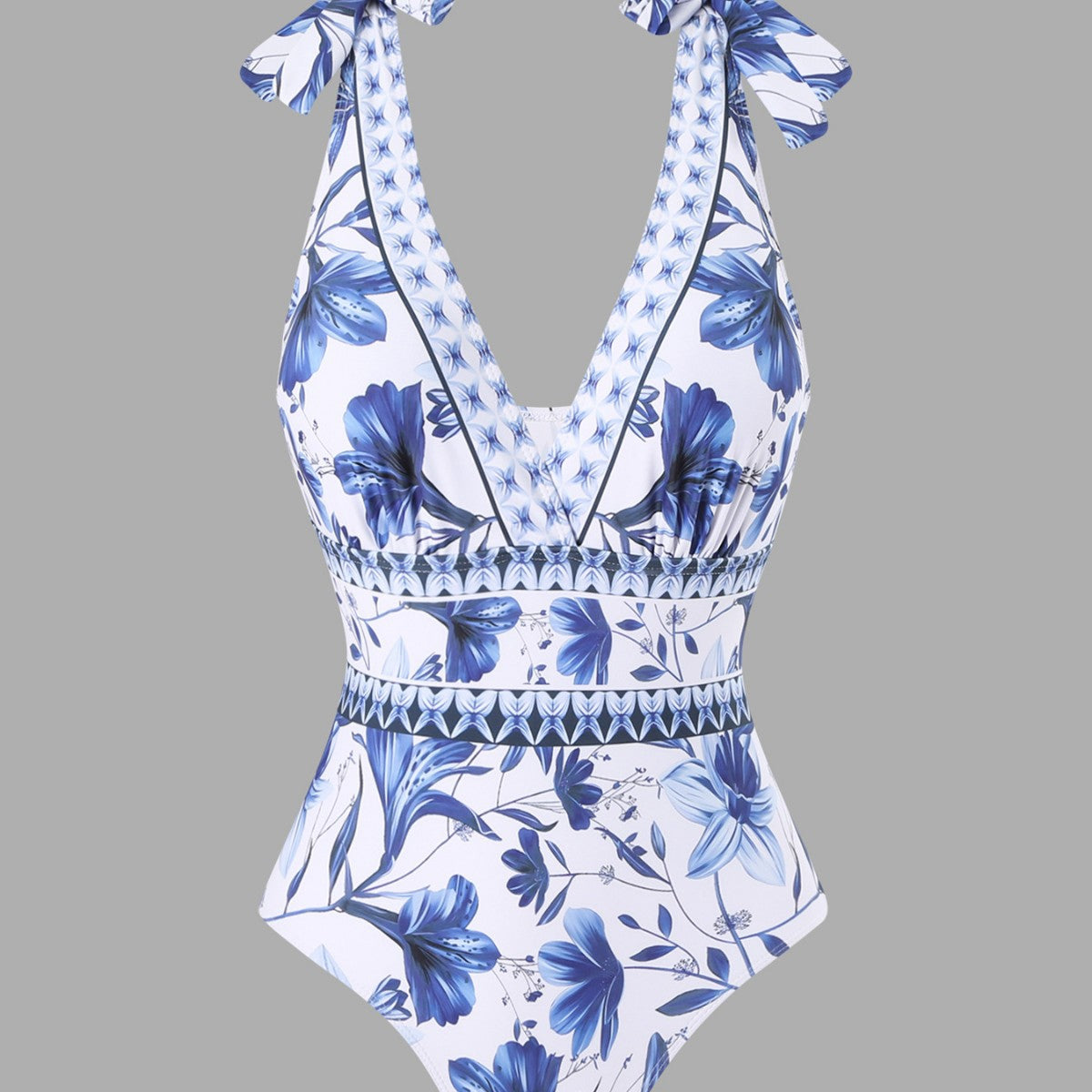 blue and white porcelain swimsuit wrap skirt suits