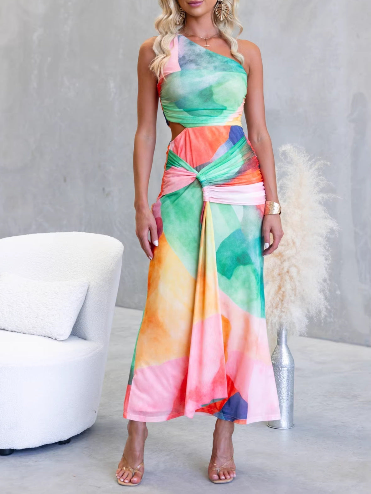 One Shoulder Cutout Twist Maxi Dress
