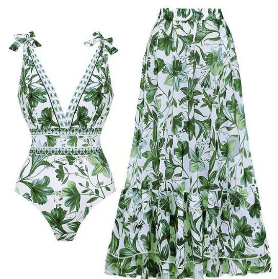 blue and white porcelain swimsuit wrap skirt suits