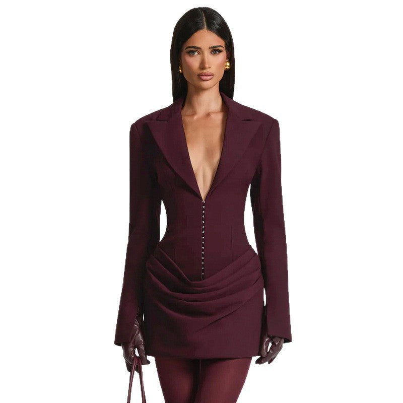 Solid-Color Fashion Deep V-Neck Lapel Waist-Cinching Ruched Blazer Dress
