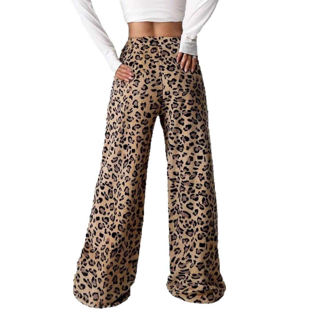 Casual Leopard-Print Straight-Leg Wide-Leg Pants