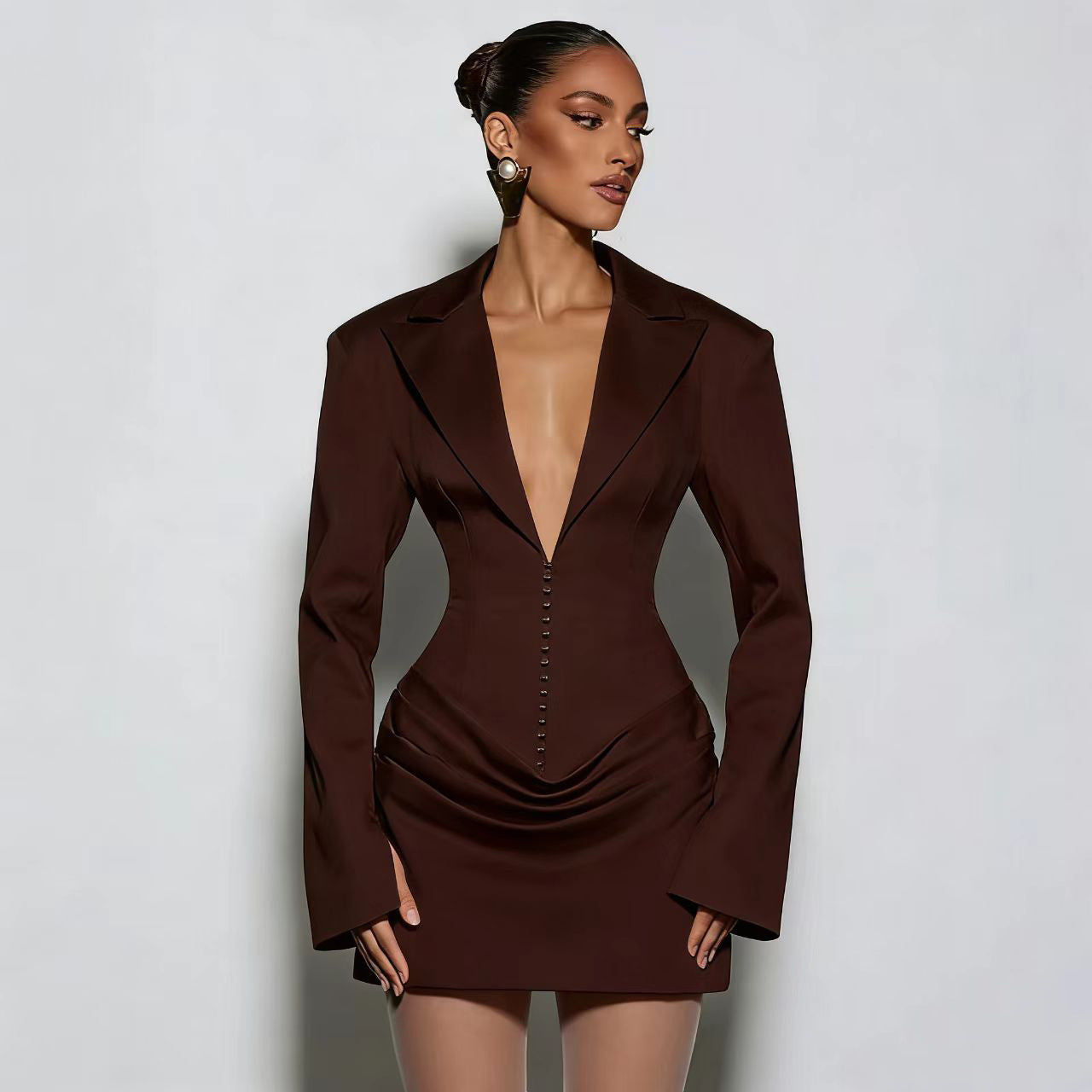 Solid-Color Fashion Deep V-Neck Lapel Waist-Cinching Ruched Blazer Dress