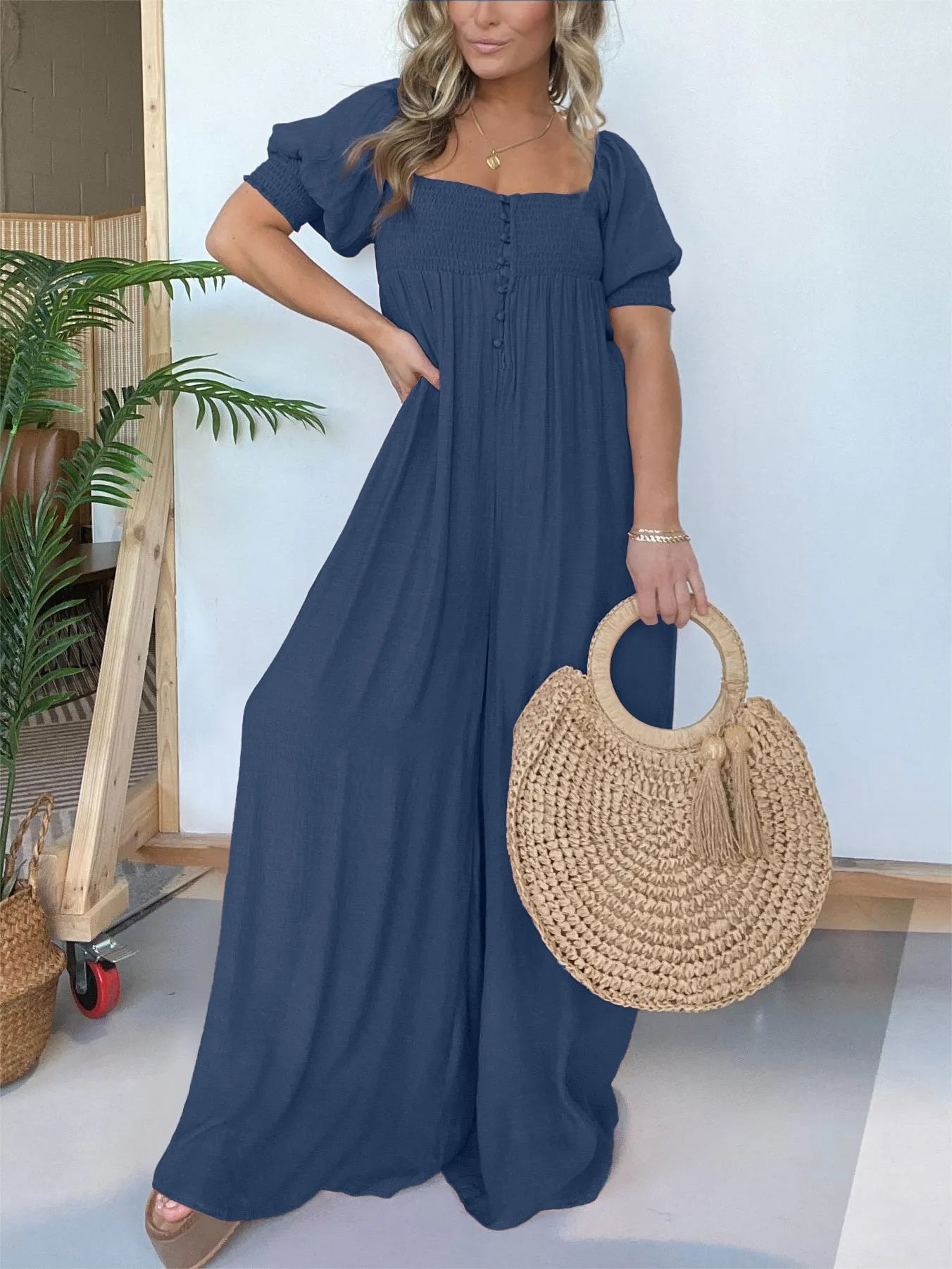 Imsgurus💓Square Neckline Jumpsuit With Smocked Bodice Button