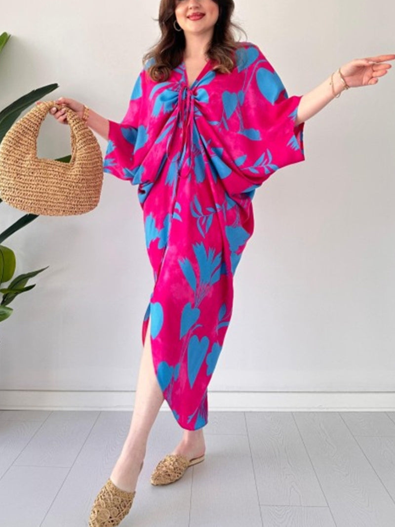 Fashion Printed Bat Sleeve V-Neck Dress