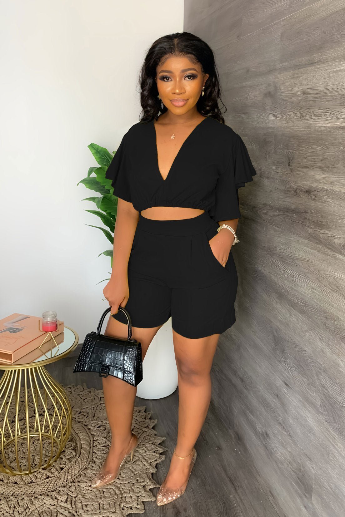 Imsgurus💓V Neck Ruffled Casual Two Piece Shorts Set