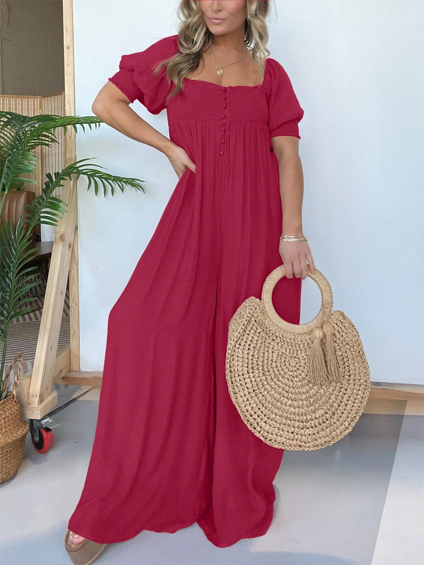 Imsgurus💓Square Neckline Jumpsuit With Smocked Bodice Button