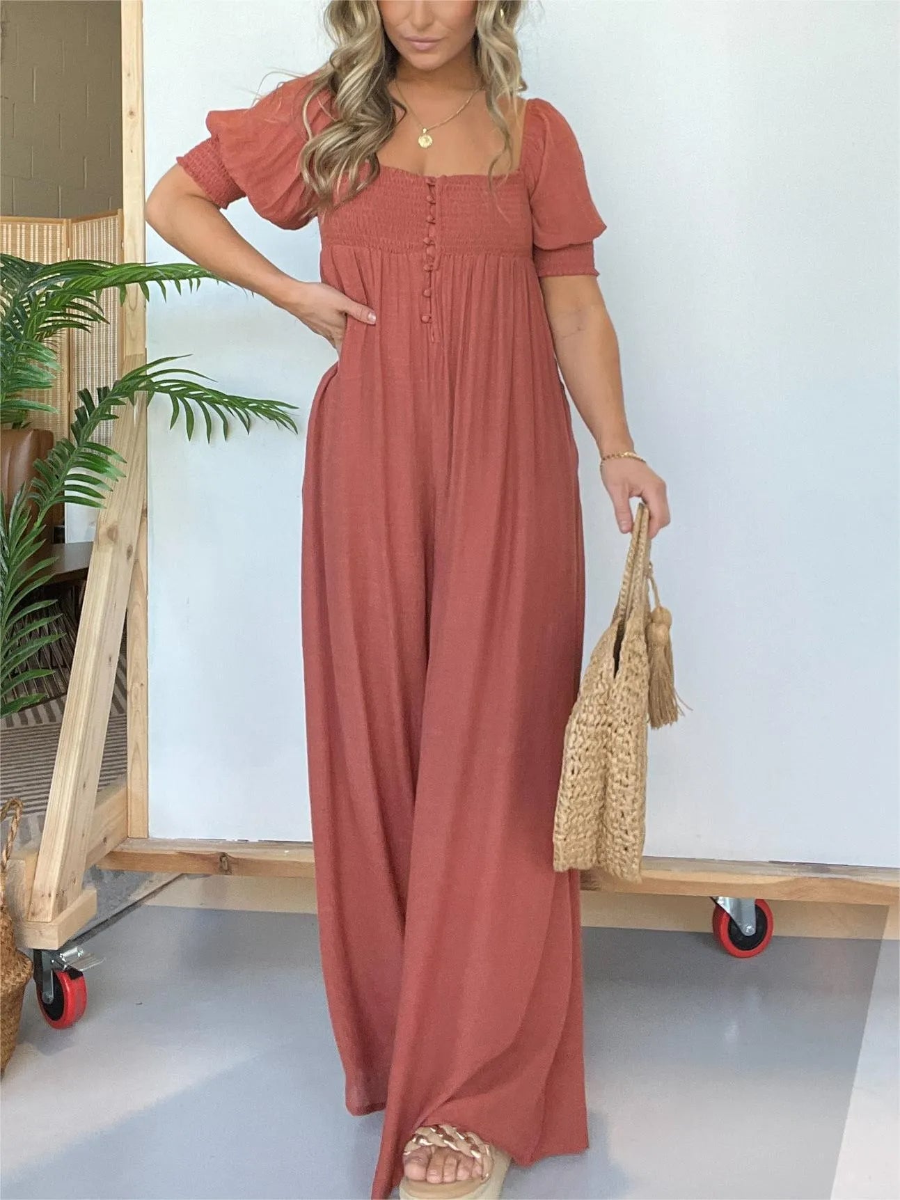 Imsgurus💓Square Neckline Jumpsuit With Smocked Bodice Button