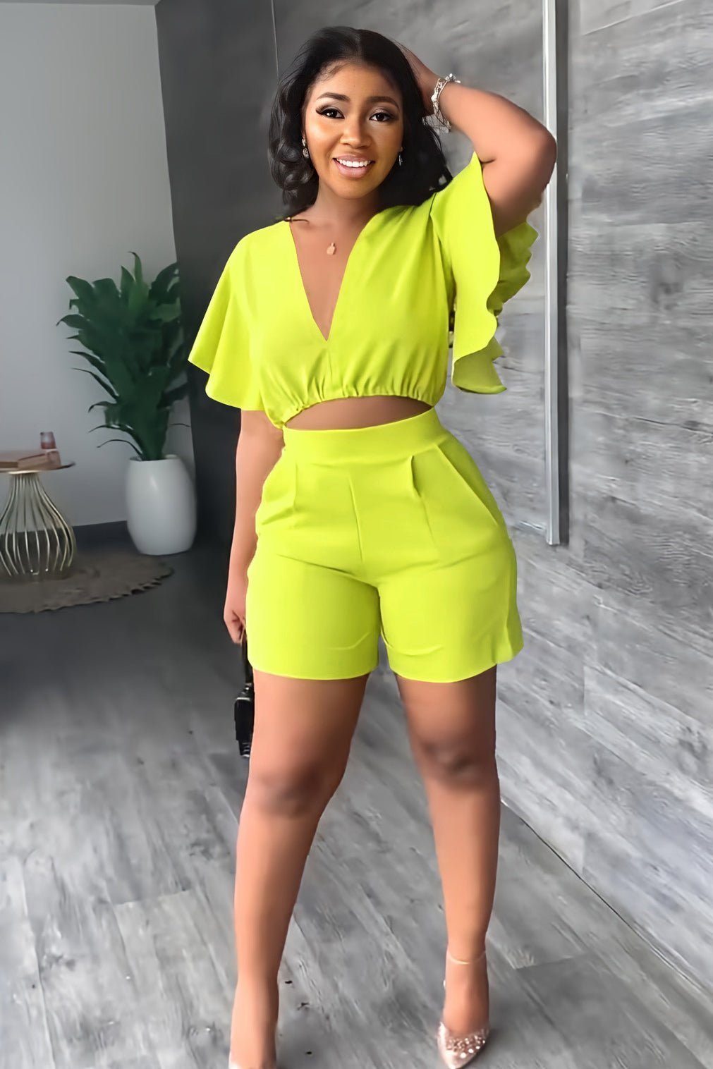 Imsgurus💓V Neck Ruffled Casual Two Piece Shorts Set