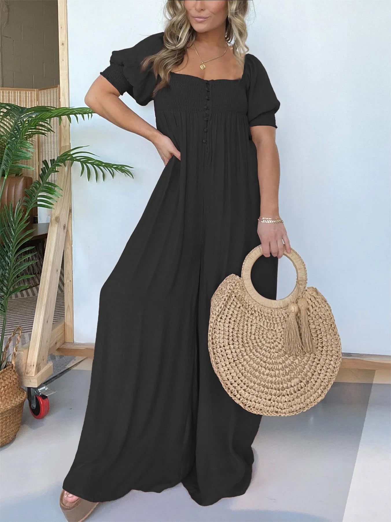 Imsgurus💓Square Neckline Jumpsuit With Smocked Bodice Button