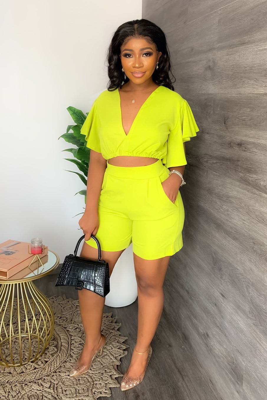 Imsgurus💓V Neck Ruffled Casual Two Piece Shorts Set
