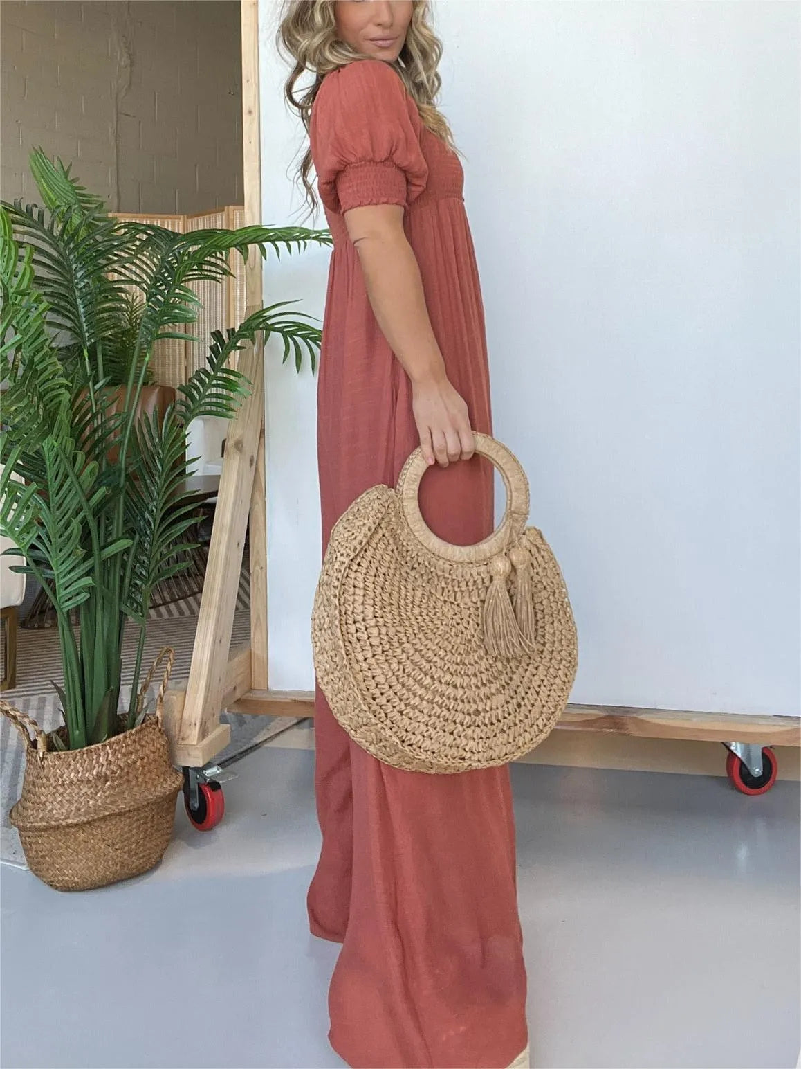 Imsgurus💓Square Neckline Jumpsuit With Smocked Bodice Button