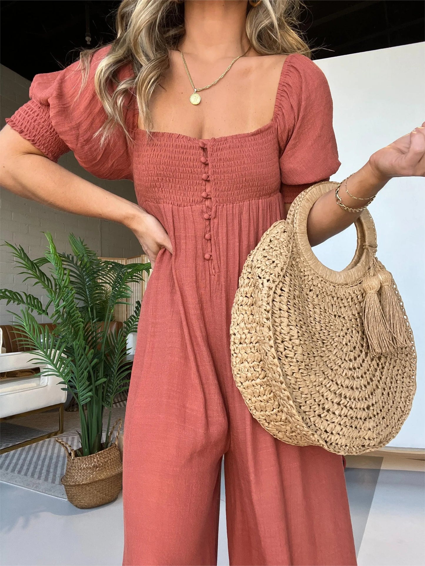 Imsgurus💓Square Neckline Jumpsuit With Smocked Bodice Button