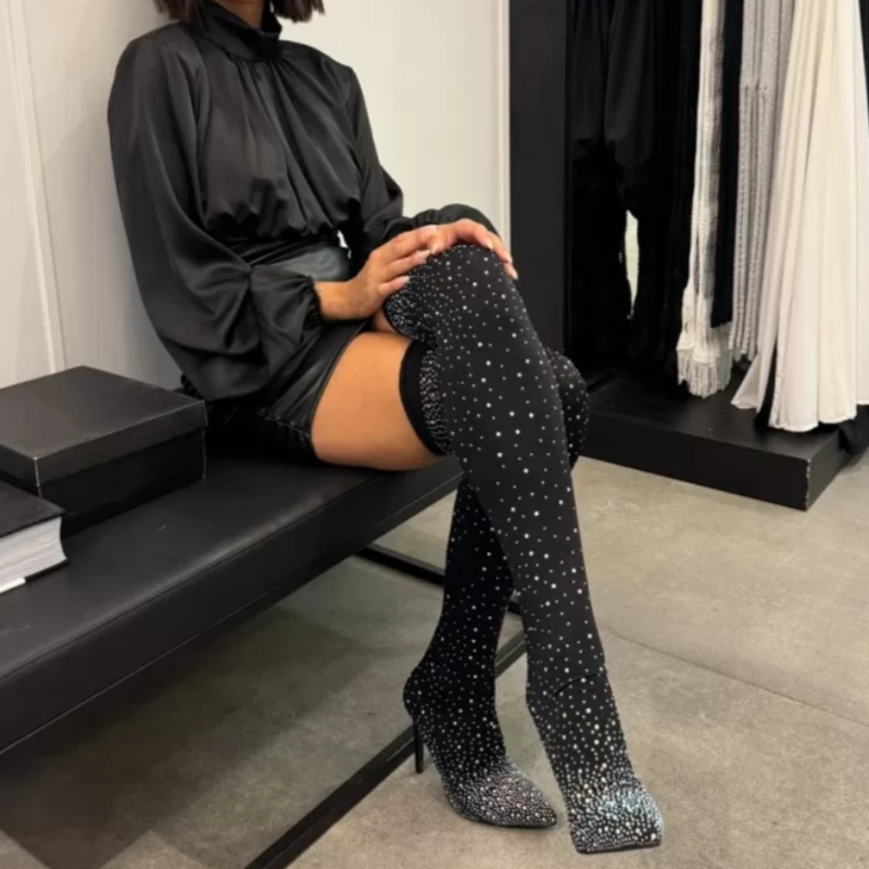 Imsgurus👠Women's Sparkly Faux Diamond Knee Boots